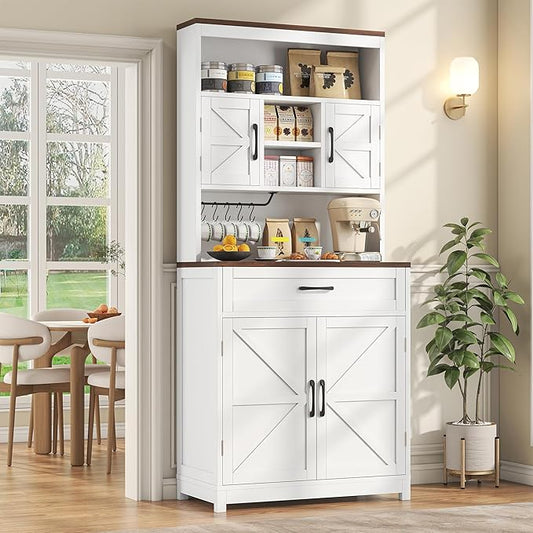 Saudism 70" Tall Farmhouse Kitchen Pantry Cabinet, Wooden Storage Cupboard with Barn Doors, Drawers & Cup Holder, Microwave Stand for Dining Room, White