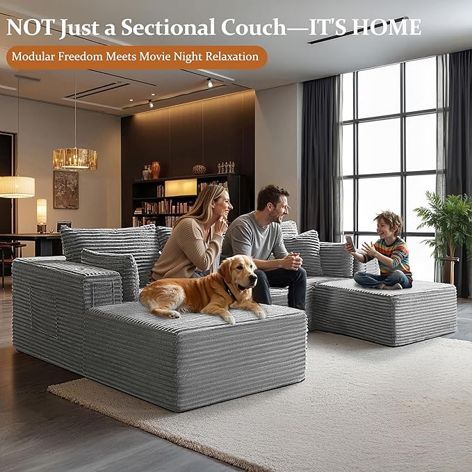 108" Oversized Cloud Sectional Couch, Comfort U Shaped Boneless Couch for Living Room, Extra Deep Seats No Assembly, Modular Sofa, Corduroy (Light Grey, 2 Seater+Right Facing Chaise+Ottoman)