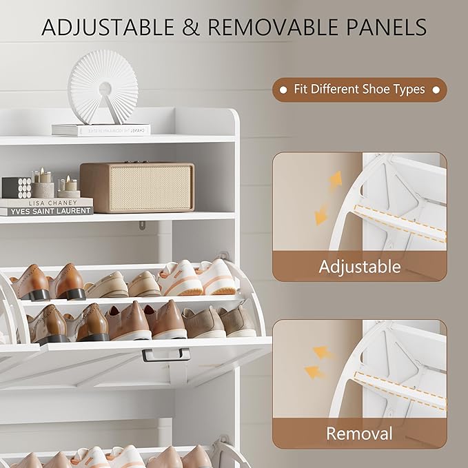Shoe Cabinet with 6 Flip Drawers, Freestanding Hidden Shoe Storage Organizer for Entryway, Narrow Slim Shoe Rack Cabinet with Open Storage & Hooks for Front Door Entrance, Living Room, Hallway, White