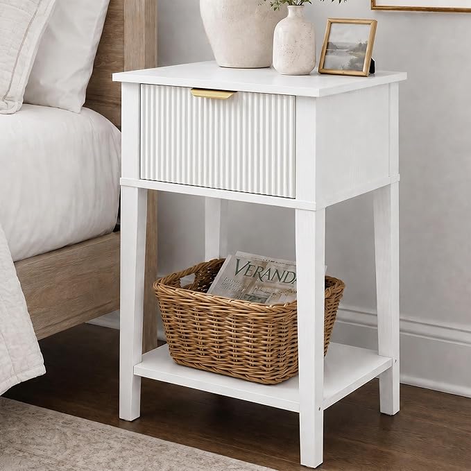 Modern Fluted Small Wood Nightstand, 11.8" Deep x 15.4" Narrow Bedside Table with Drawer & Open Shelf, Farmhouse Chic Accent Side Table for Bedroom & Sofa - White