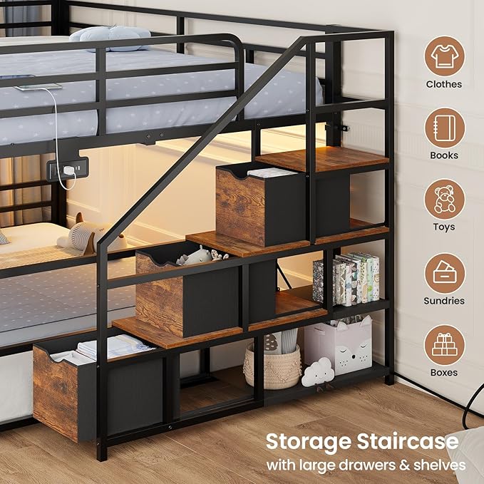 ADORNEVE Low Bunk Bed Full Over Full with Stairs, 3 Storage Drawers & Power Outlet, Full Size Metal Floor Bunk with RGB Lights & Shelves, Space-Saving Kids Bed, Black & Brown