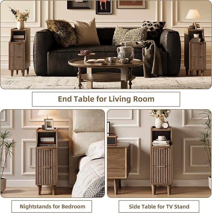 Fluted Nightstands Set of 2,Narrow Bedside Table with 2 Drawers & Storage, Farmhouse Walnut End Table Modern Side Table for Bedroom Livingroom Sofa Office