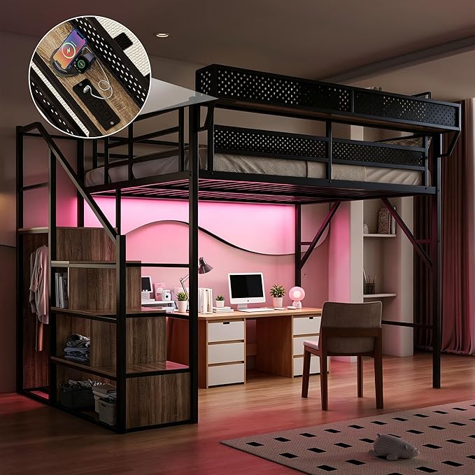 Queen Size Metal Loft Bed with LED Lights and USB Charging Port, Storage Shelf, Reversible Storage Stairs with Wardrobe, Heavy Duty Noise-Free Design, Large Under Bed, No Box Spring Needed