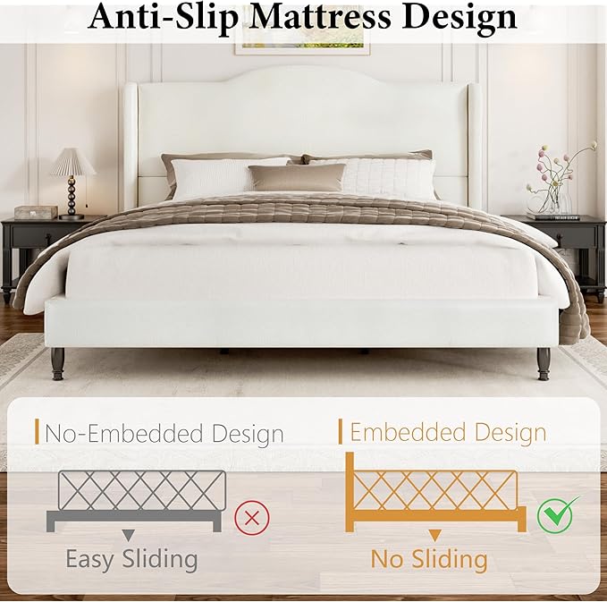 King Upholstered Bed Frame with Tall Headboard, Leather Platform Bed with Wingback Sides, Wood Slats Support, Noise-Free Design, No Box Spring Needed, Easy Assembly, White