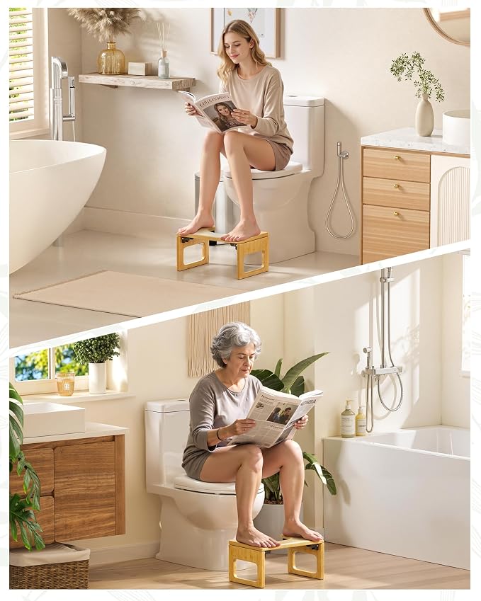 AmazerBath 8.5 Inches Bamboo Toilet Stool Squat for Adults, Collapsible Poop Stool for Bathroom, 0.79" Thickness Squatting Potty with Non-Slip Strip, Space-Saving, Natural Color