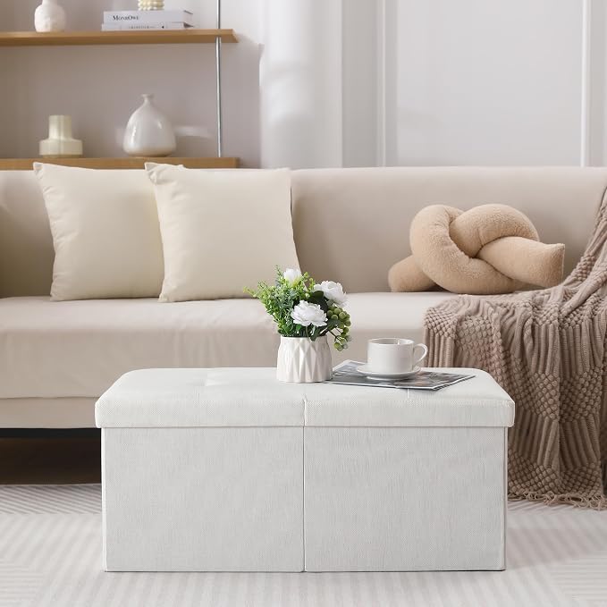 Storage Ottoman Bench Foldable Seat Footrest Shoe Bench End of Bed Storage with Flipping Lid, 75L Storage Space, 30 inches Linen Fabric White, OT026WS