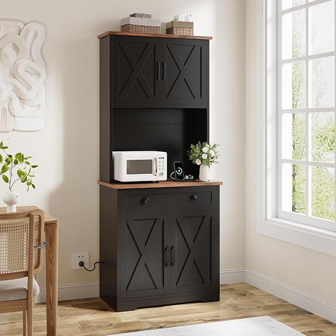 GAOMON 71" Pantry Cabinet with Charging Station, Tall Kitchen Pantry Storage Cabinet with Microwave Stand, Large Farmhouse Kitchen Hutch with Cabinet Doors & Drawer for Living Room, Dining Room