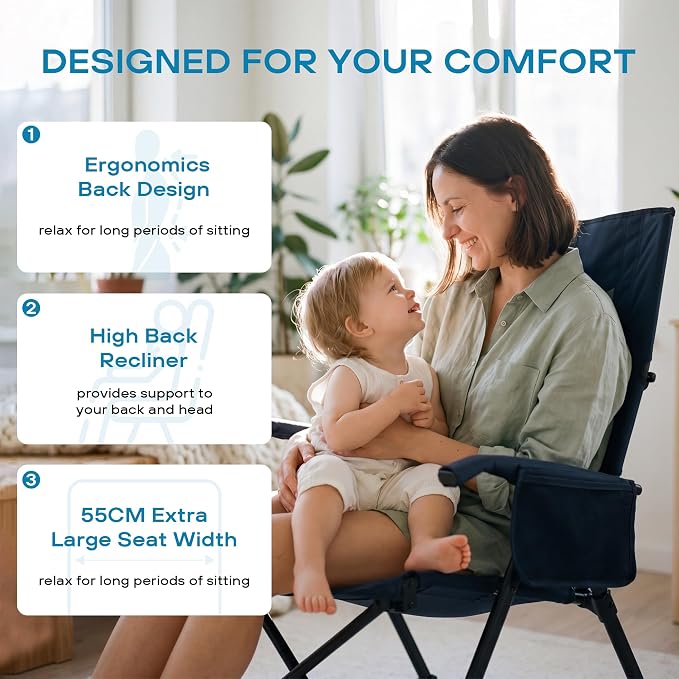 Reclining Camping Chair for Adults Heavy Duty 2 Pack, Folding Recliner Lawn Chairs with 6-Positions Adjustable High Back, Portable Patio Lounge Chairs for Outdoor Poolside Sports Beach