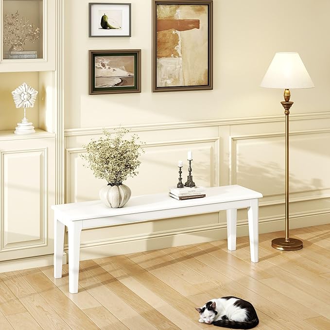 Dining Bench 55.1" Wood Solid Oak Wooden Bed End/Entryway Bench for Bedroom Living Room Kitchen(White)
