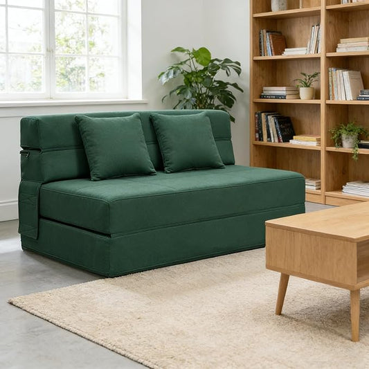 ANONER Fold Out Couch Bed Memory Foam Sleeper Chair with 2 Pillows, Queen Size Futon Couch Guest Convertible Chair Bed, Washable Cover, Dark Green