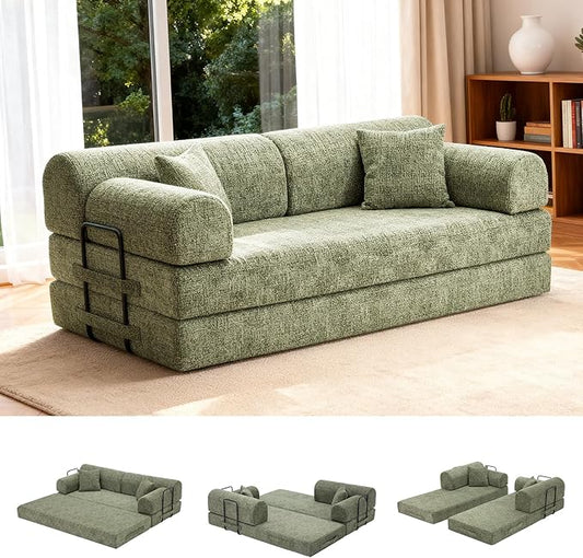 78.8" Convertible Sofa Bed with Detachable Arm Pillow, 6-in-1 Sectional Couches for Living Room, Corduroy Boneless Couch, Sleeper Loveseat Couch Bed, No Assembly, Moss Green Couch