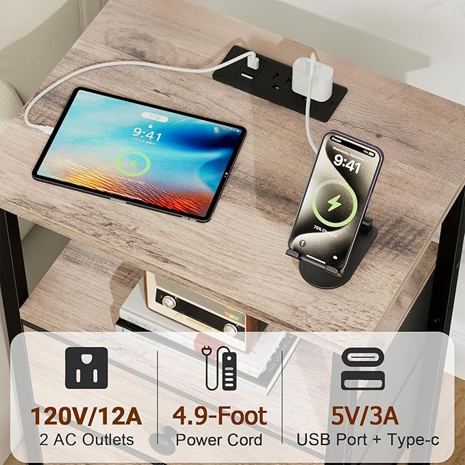 LOAKEKEL Night Stand, Nightstand with Charging Station, Slim Industrial Bedside Table with 2 Fabric Drawers, Small End Table with USB & Type-C Ports for Bedroom, Grey, HETS020GY-1