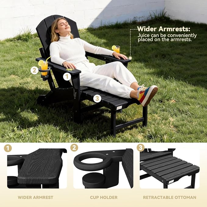 Mdeam 3-Level Adjustable Adirondack Chair with Retractable Ottoman, HDPE All-Weather Folding Fire Pit Chair with 2 Cup Holders, Outdoor Chair for Deck Patio Garden Backyard Lawn (Black)