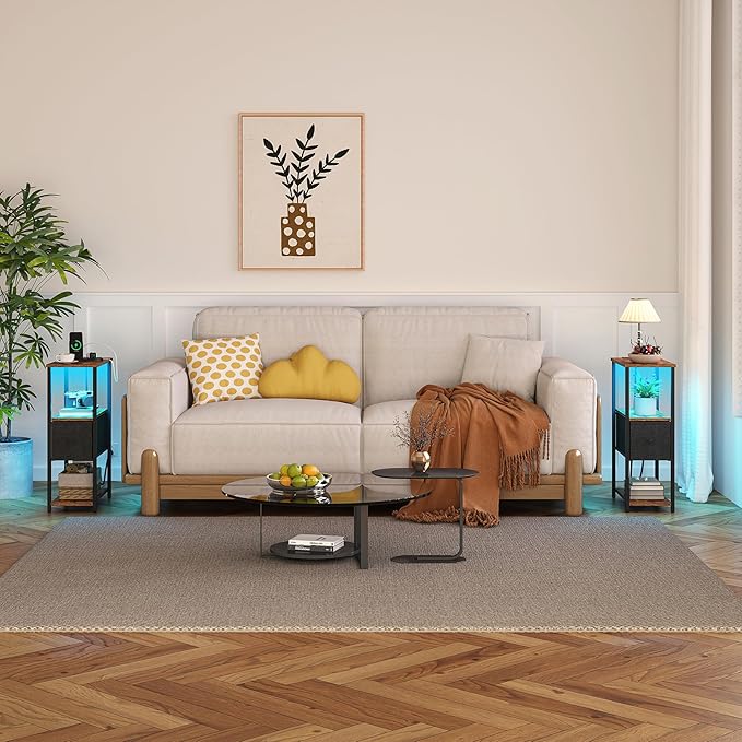 TUTOTAK Small Narrow LED End Table with Charging Station, Side Table Outlets, Nightstand with Cloth Drawer, Set of 2, Couch Table, for Living Room, Bedroom, Bedside, Brown and Black TB01BB059K