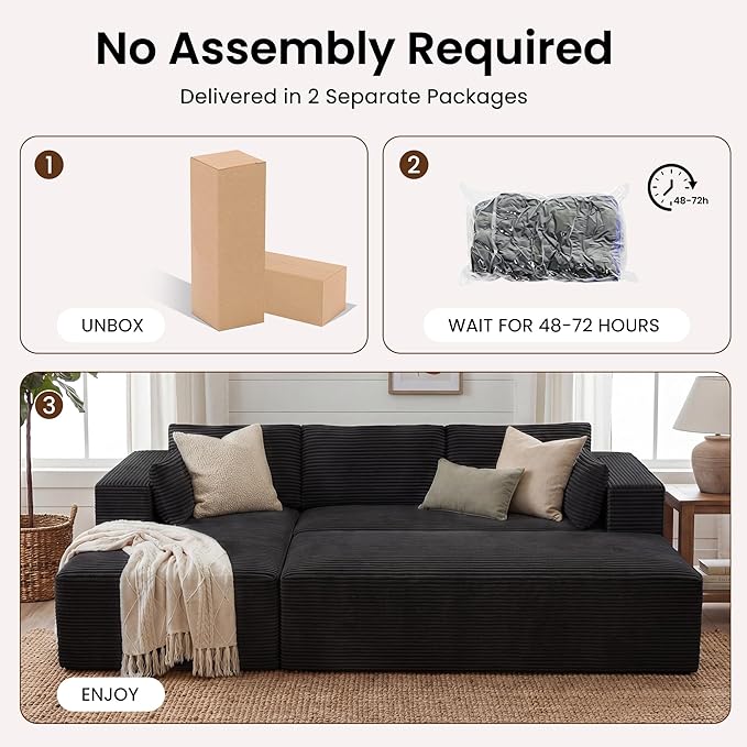 GRUSIGN 106" Oversized Sectional Boneless Sleeper Sofa Bed Couches for Living Room, Modular L Shaped Couch with Left Facing Chaise & Big Ottoman, Compressed Spineless Corduroy Cloud Sofas, Black | Deep Seat