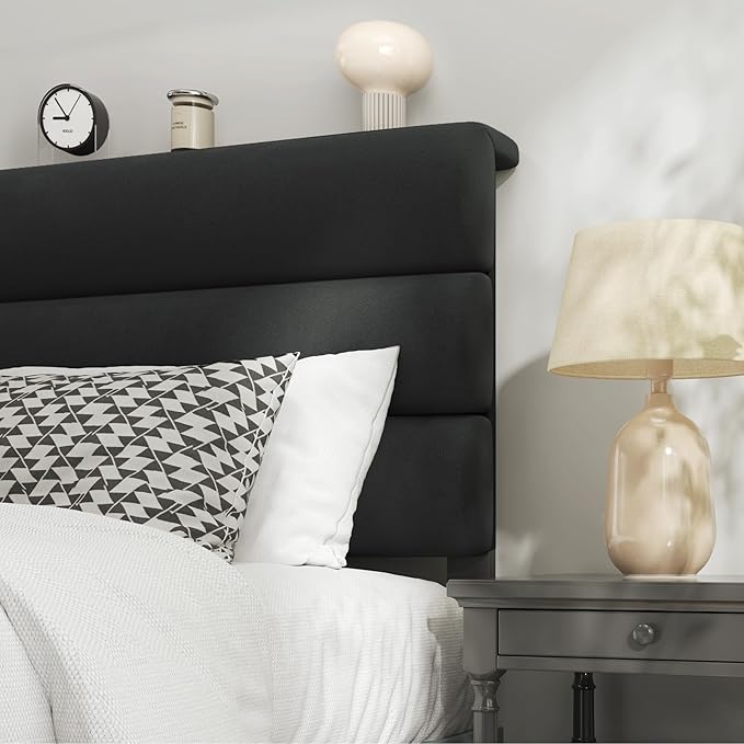 Fluest Queen Bed Frame, Platform Bed Frame with Velvet Upholstered Headboard, No Box Spring Needed, Sturdy Metal Support, Noise Free, Easy Assembly, Modern Bedroom Furniture, Black