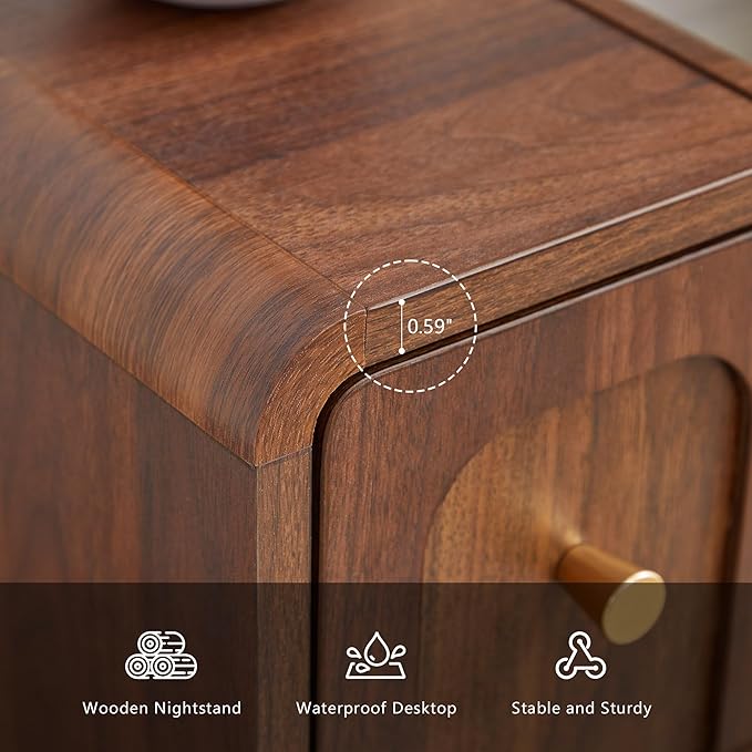 Narrow Nightstand with 2 Drawers, Small Bedside Tables, Mid-Century Modern Slim Night Stand with Storage, Wooden End Table for Small Spaces, Bedroom, Living Room (Walnut-1PCS)