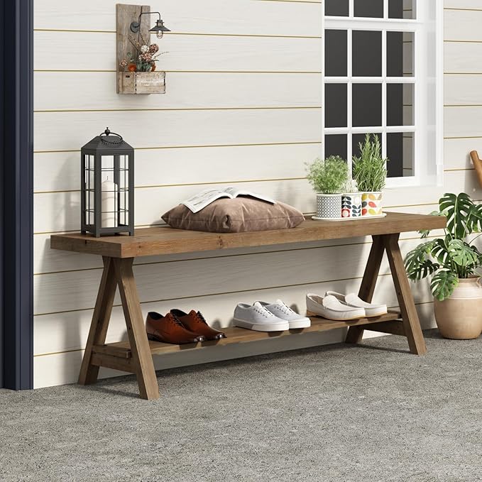 RowyPoey 54" Solid Wood Bench, Long Farmhouse Entryway Bench with Storage Shelf, Triangular Leg Design, Narrow Rustic Benches for Hallway, Bedroom, Dining, Kitchen, Easy Assembly