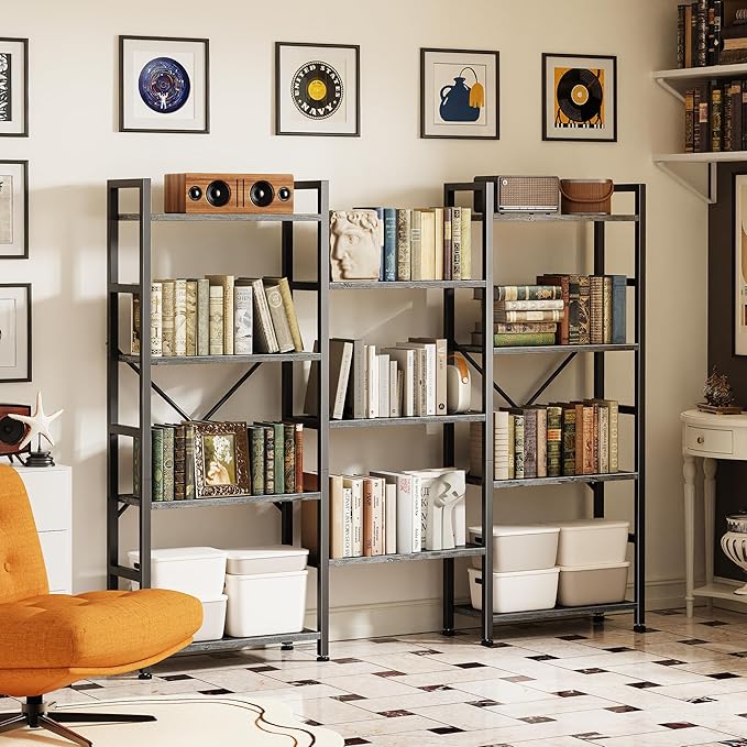 SUPERJARE Triple Bookshelf, Bookcase with 11 Open Display Shelves, Wide Book Shelf Book Case for Home & Office, 4 Tier, Grey