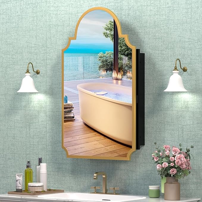 20"x32" Medicine Cabinet with Mirror, Recessed and Surface Mount Medicine Cabinets for Bathroom, Bedroom, Full Metal, Unique Art Arched Mirror with Storage, 2 Shelves and 1 Organizer Box, Bling Gold