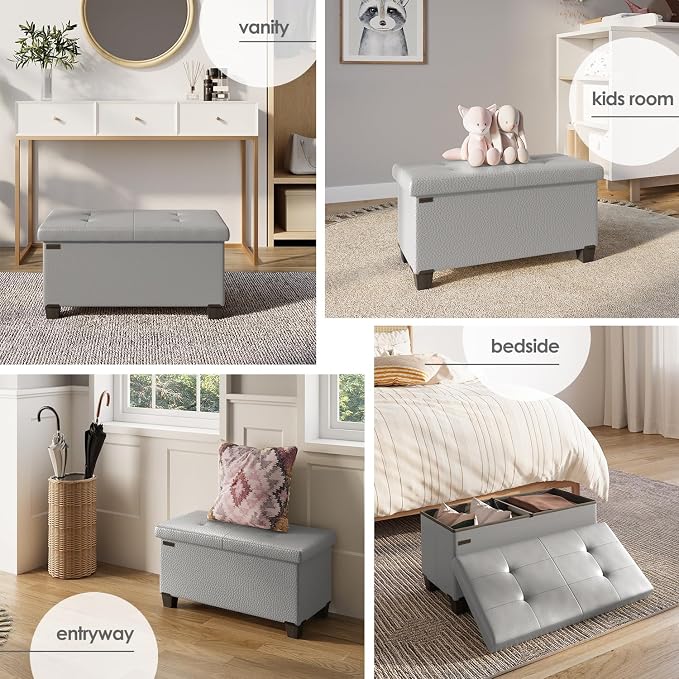 Storage Ottoman Bench with Bins, 30-in Storage Bench for Bedroom End of Bed, Folding Foot Rest Ottoman for Living Room Max 660lbs, Leather Ottomans, Light Grey