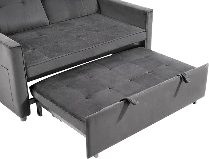 Sofa Bed, Pull Out Couch with Side Pockets, 3 in 1 Velvet Fabric Loveseat Sleeper Sofa Bed, Pull Out Couch with Adjustable Backrest for Living Room, Bedroom, Apartment, Gray, 53 Inch