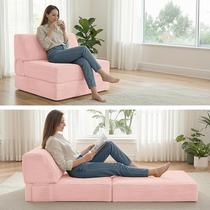 Kasunpul Folding Sofa Bed with Pillow, Memory Foam Fold Out Chair Bed, Convertible Sleeper Chair with Washable Cover, Futon Floor Couch for Living Room/Dorm/Guest Use/Home Office/Apartment,Pink