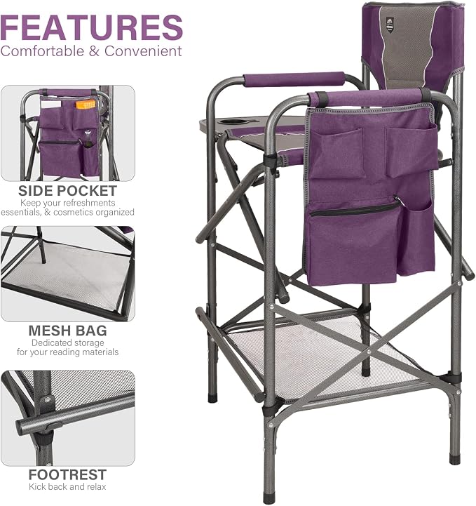 LANMONTAIN Folding Tall Director Chairs,30.7'' Seat High Makeup Solan Chairs,Portable Camping Chair w/Side Table Functional Pocket and Footrest,Comfy Bar Stool Heavy Duty Supports 350 Lbs,Purple