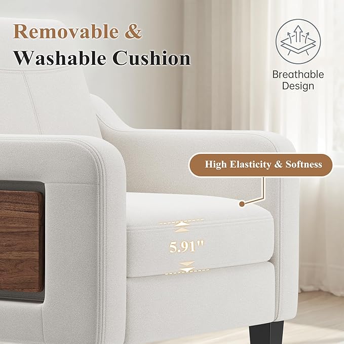 Accent Chair for Living Room, Mid-Century Upholstered Armchair with Foldable Table & 2 Side Pockets, Modern Linen Wooden Sofa Chair for Bedroom & Reading Room, Beige