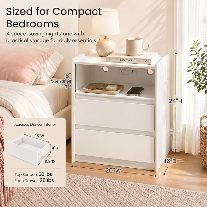 24" Tall Nightstand with Charging Station Including USB-C, Modern Bedside Table and Sofa End Table - White, 2 Drawers, Set of 2