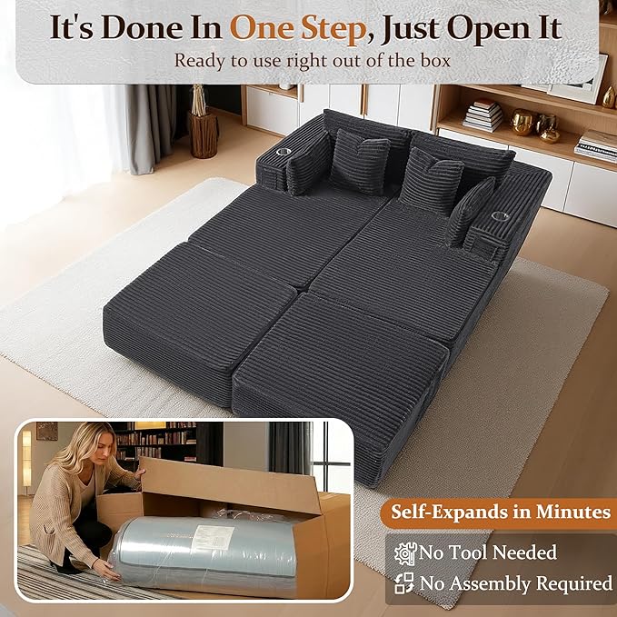 72" Cloud Sectional Couch, Comfort Sleep Sofa for Living Room, Extra Deep Seats No Assembly, Minimalist Modular Couch, Corduroy (Dark Grey, Extend Loveseat Chaise)