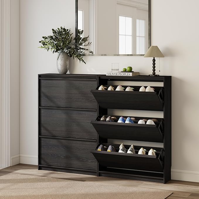 Shoe Cabinet with 3 Flip Drawers, 31.5" W Narrow Shoe Storage Cabinet for Entryway, Slim Shoe Organizer with Adjustable Shelves, Freestanding Shoe Rack for Hallway, Living Room, Black