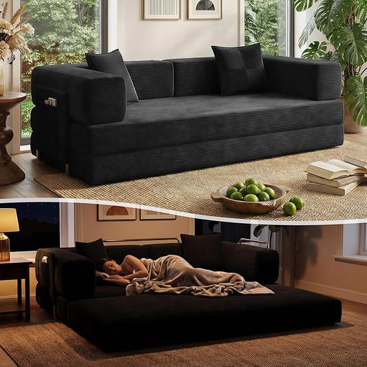 78.8" Convertible Sofa Bed with Armrest Pillow, 4-in-1 Sleeper Couch Bed for Livingroom, Modular Corduroy Boneless couches, No Assembly (Black)