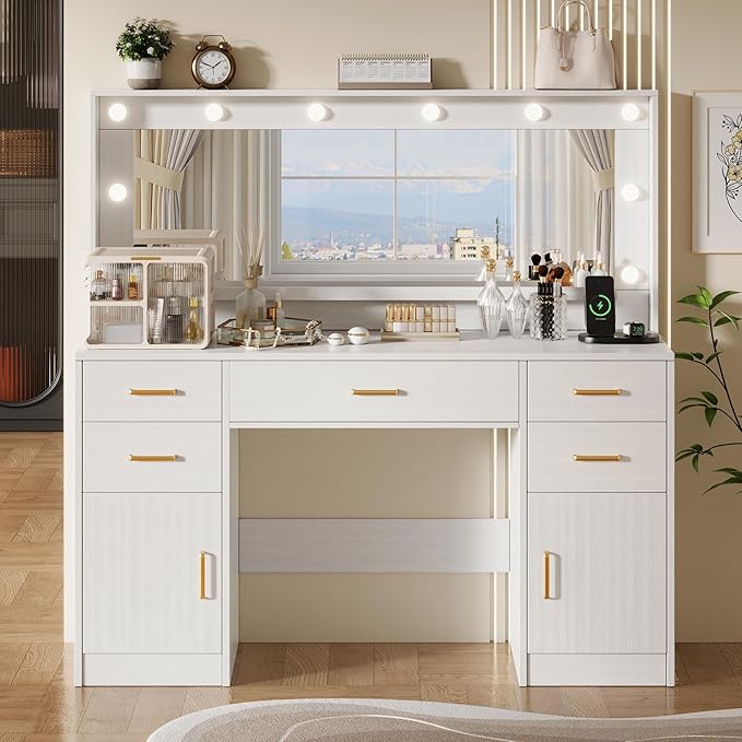 TOKSOM Large Vanity Desk with Lighted Mirror & Power Outlet, White Makeup Vanity Desk with Mirror and Lights, White Vanity Table with 5 Drawers and 2 Cabinets, Dressing Table for Bedroom 44.8 inch
