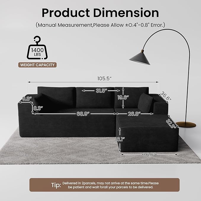 106" Cloud Sectional Boneless Couches for Living Room, Modular L Shaped Couch with Deep Seat Oversized Right Facing Chaise, Memory Foam Compressed Spineless 3 Seater Sofa for Apartment, Black