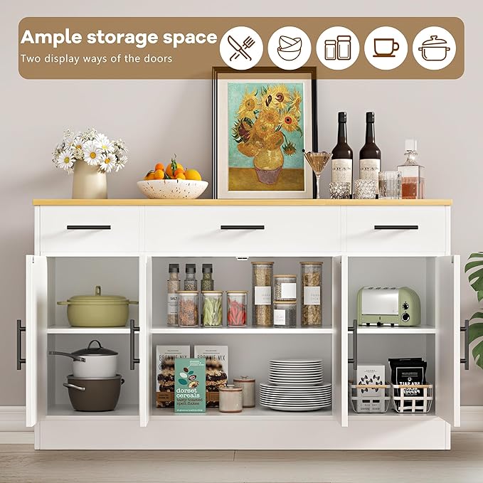 Vongrasig Large Coffee Bar Cabinet with Storage, 53” Farmhouse Kitchen Storage Cabinet with 4 Doors and 3 Drawers, Wood Buffet Table for Kitchen, Dining Room, White