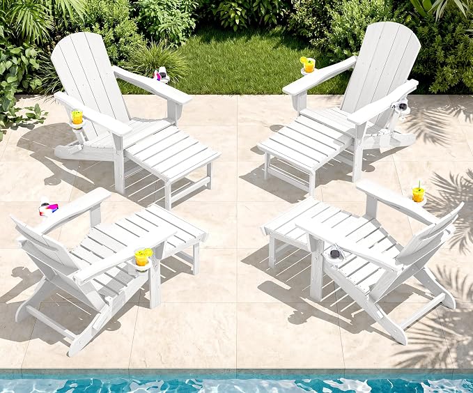 SERWALL Folding Adjustable Adirondack Chairs with Footrest Set of 4, HDPE Outdoor Chair with Dual Cup Holders, All Weather Adirondack Chair with Ottoman, White