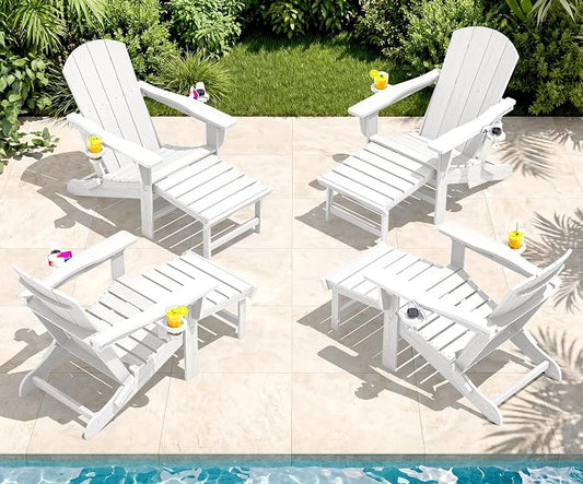 SERWALL Folding Adjustable Adirondack Chairs with Footrest Set of 4, HDPE Outdoor Chair with Dual Cup Holders, All Weather Adirondack Chair with Ottoman, White