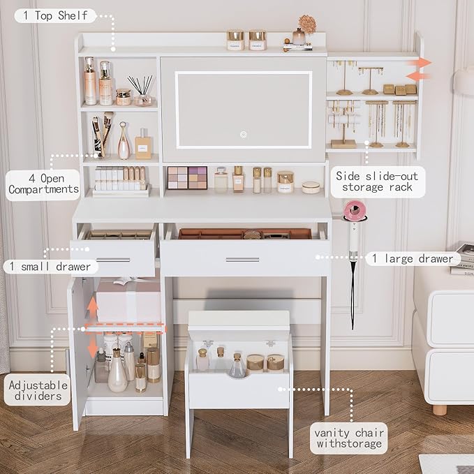 Viaozutis Vanity Desk with Mirror and Lights, with Hidden Shelves,4 Compartments,2 Drawers,Cabinet & Stool,Dimmable LED Lights,Power Outlets, Ideal for Bedroom Vanity Organization(White)