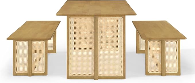 Merax Farmhouse Rubber Wood Dining Table Set for 3- Wood 70.87''L Rectangular Kitchen Table, 2 Dining Bench with Rattan Accents Legs for Kitchen, Living Room, Easy Assemble,Natural