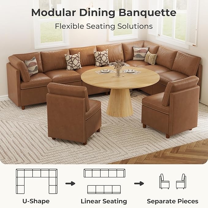 SITJOY Breakfast Nook Bench with Storage, Modular Corner Kitchen Banquette Seating, Dining Settee Couch, Upholstered Dining Bench with Back, Pet-Friendly Faux Leather in Brown, 9-Seat U Shaped Nook