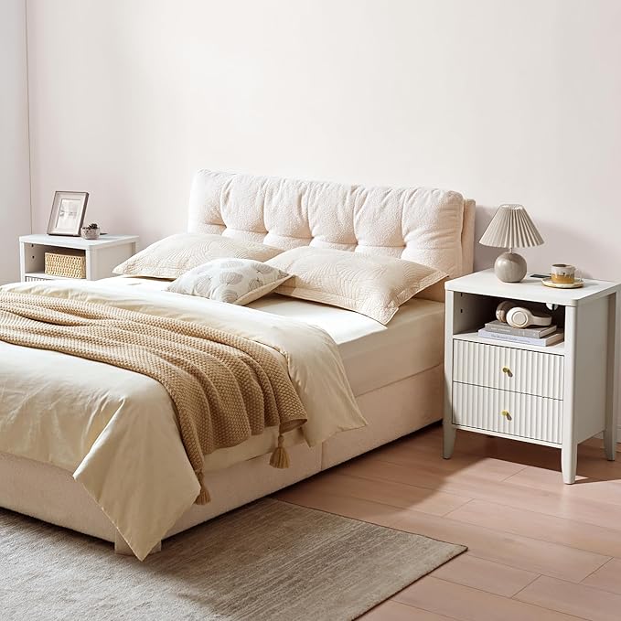Fluted Nightstand with Charging Station Set of 2, 21" Wide Modern Bedside Table with 2 Drawers & Open Shelf, Wood End Table with Storage & Metal Handle for Bedroom, Small Spaces, Cream White