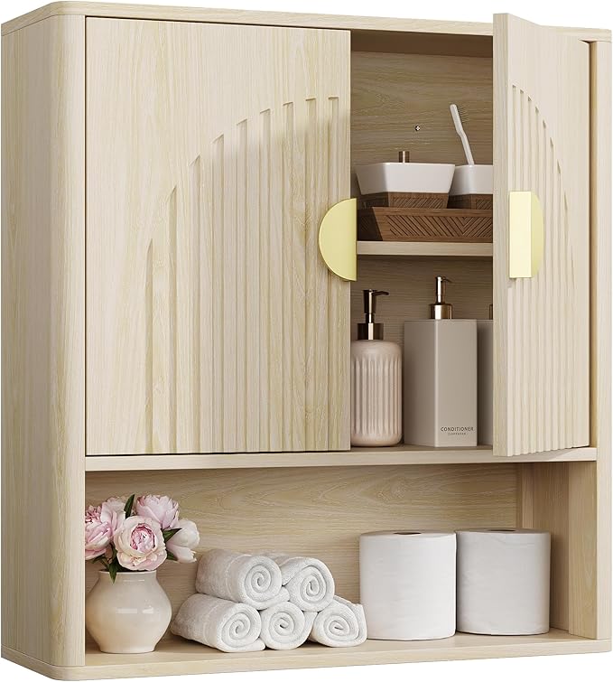 Lulive Bathroom Wall Cabinet with Adjustable Wood Shelf, Fluted Medicine Cabinet with 2 Doors, Over The Toilet Storage Cabinet for Laundry Room, Kitchen, Living Room, Natural