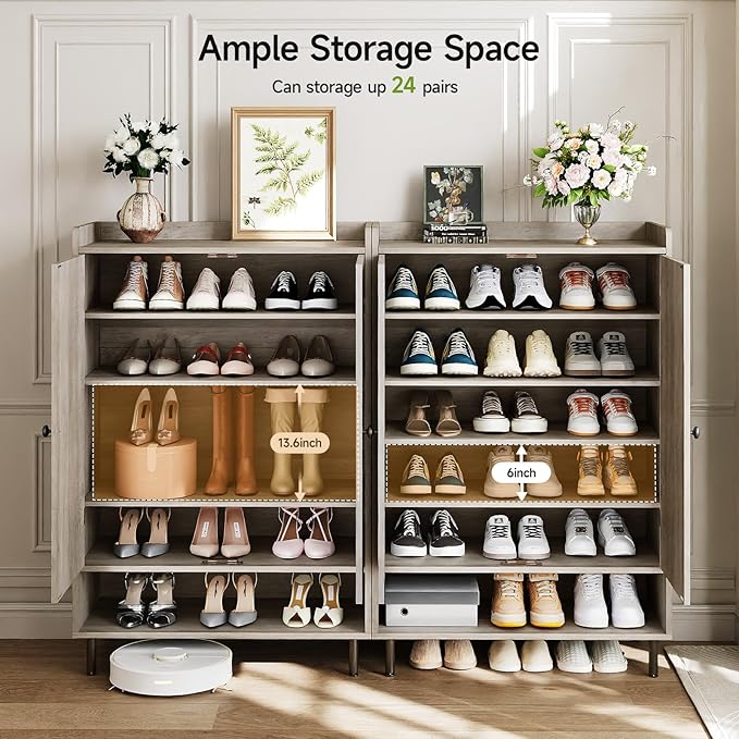 ComfyCorner Grey 7+1 Tier Farmhouse Shoe Storage Cabinet - 45" Tall Entryway Organizer with Cross Molding Doors, 3 Adjustable Shelves & Metal Legs, Shoe Rack for Front Door Entrance