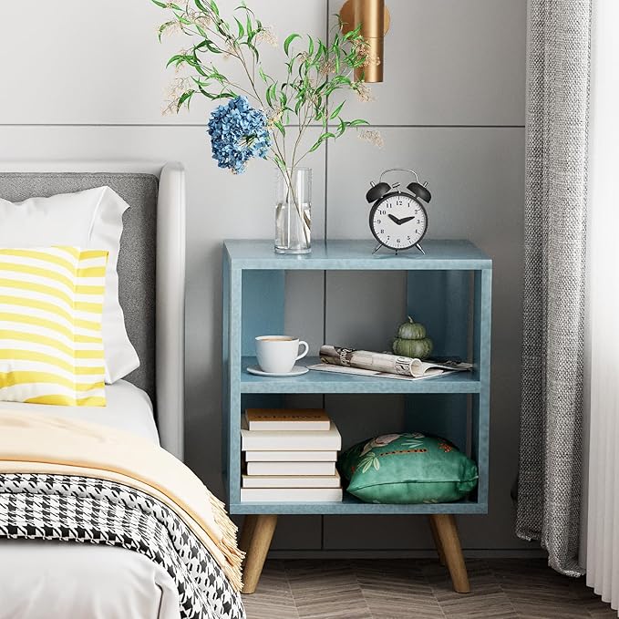 Aenuert Night Stand, Blue Kids Nightstand, Modern End Table with Open Storage, 2-Tier Nursery Bedside Table for Small Space, Living Room, Bedroom
