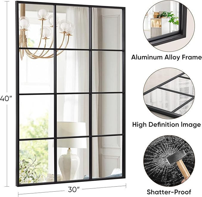 Suidia Wall Mirror, 30" x 40" Window Decorative Mirrors, Metal Framed Wall Decor Wall-Mounted Mirrors for Bedroom, Living Room, Entryway, Black