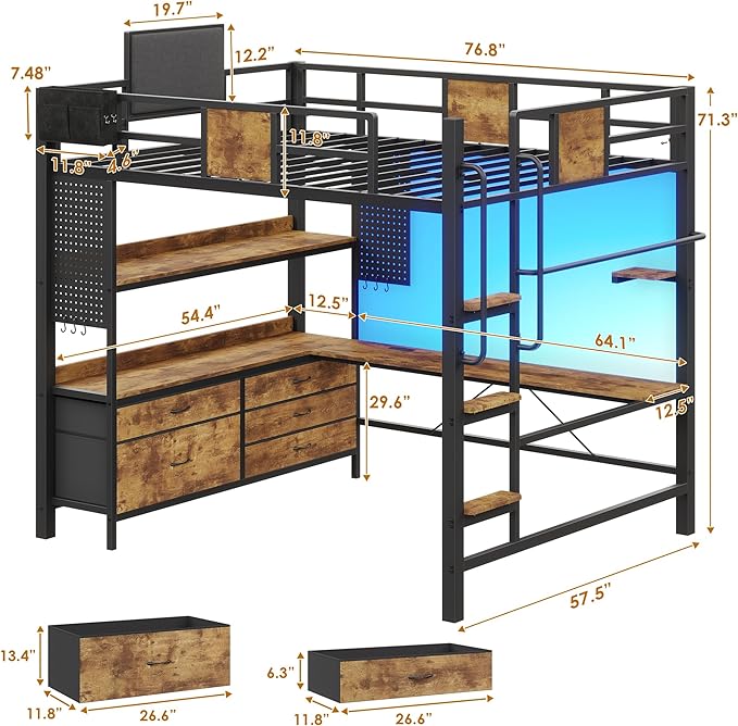 Dnxao Full Loft Bed with Desk and 5 Storage Drawers, 800lb Capacity Heavy Duty Metal Bed Frame for Adults & Teens, LED Lights, Charging Station, Pegboard & Shelves, Rustic Brown