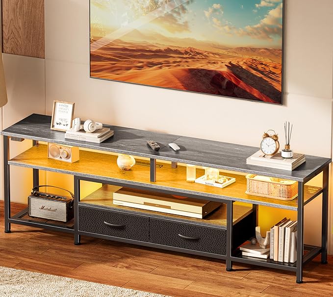 Huuger 63 Inch LED TV Stand for 65 70 Inch TV, Entertainment Center with Open Shelves and Power Outlets, TV Console for Living Room, Media Console with Drawers, Grey, 8779HC