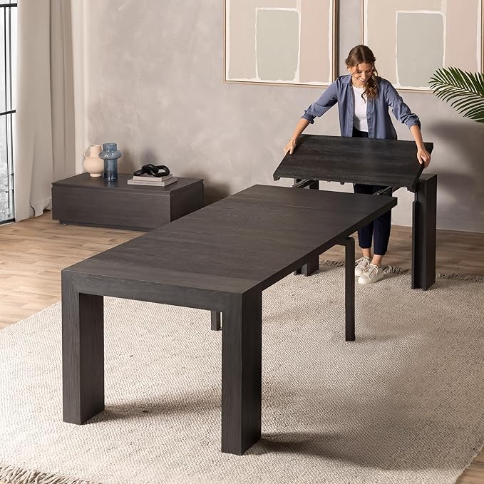 Transformer Table - Solid Wood Extendable Dining Table, Seats 2-12, Expandable Dining Room Table, Space-Saving Furniture, Kitchen and Dining Room Furniture (Black, Table + Coffee Table)