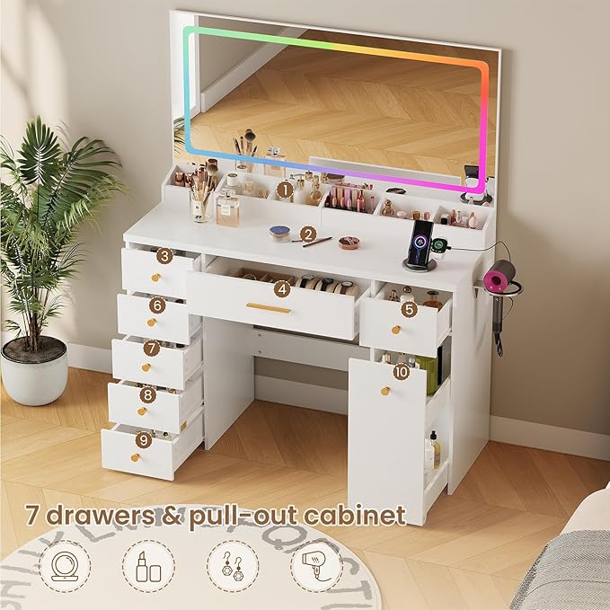 LAKEMID Makeup Vanity Desk with Large Mirror and Lights,43.3in Makeup Vanity with 7 Drawers,Modern Vanity Table with Charging Station,Adjustable RGB Lighting,Dressing Table for Bedroom Women(White)